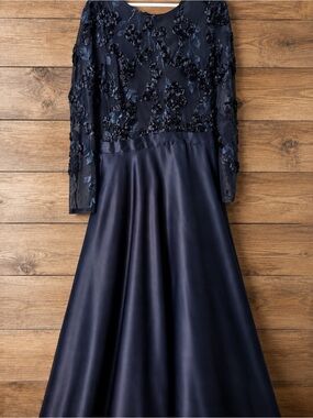 Betsy & Adam Navy Floral Appliqué Mesh Dress